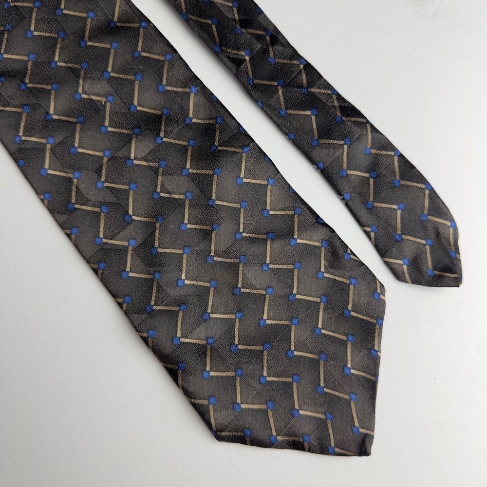 Puritan Mens Silk Necktie Geometric Blue Tan Black Pattern Made in USA